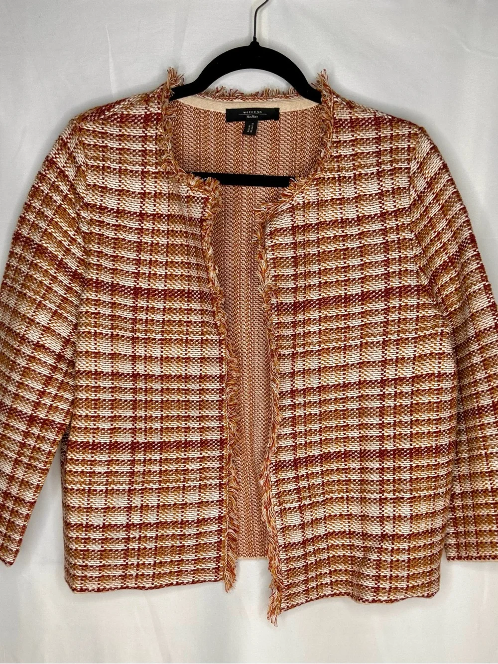Weekend MaxMara Tweed Open Front Blazer Fringe Trim Flax Linen Plaid Size Large